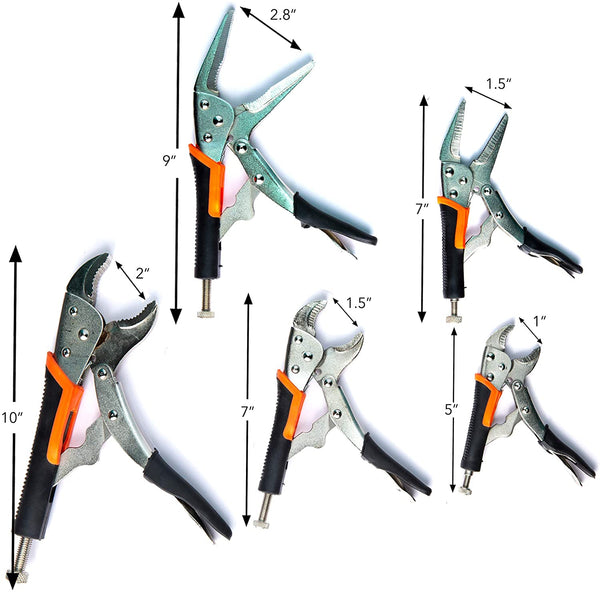 KOTTO 5 Pack Set Locking Pliers Set, 5 Inch, 7 Inch and 10 Inch Curved Jaw  Locking Pliers, 7 Inch and 9 Inch Long Nose Locking Pliers with Storage Bag