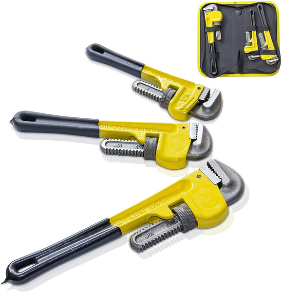 3-Piece Heavy Duty Straight Pipe Wrench Set - 8, 12, And 18-Inch Plumber Wrenches