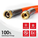a close-up of a hose with text: 'UV UV Resistant 25ºF-140ºF 100% Solid Brass Fittings leak-free Anti-Rust'