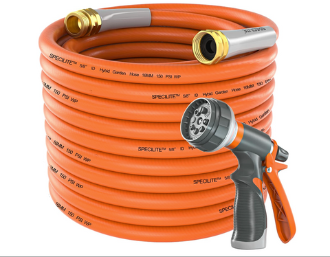 a hose with a hose nozzle with text: 'SPECILITE™ 5/8" ID Hybid Garden Hose 16MM 150 PSI WP SMM 150 PSI WP 5/8" ID Hybid Garden Hose 16MM 150 Hybid Garden 16MM 150 PSI WP SPECILITE™ 5/8" ID 150 PSI WP 5/8 16MM 150 PSI WP'