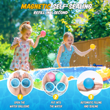 a two childs playing in a pool with text: 'MAGNETIC SELF-SEALING REFILL IN SECOND 1 2 3 OPEN THE PUT INTO AUTOMATIC FILLING WATER BALLOONS THE WATER AND SEALING'