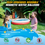 a two childs playing with water balloons with text: '2024 UPGRADED REUSABLE MAGNETIC WATER BALLOONS REFILL IN SECOND EXTRA MESH BAG TO STORE SELF-SEALING REUSABLE 1,000+ TIMES LEAD FREE NO HURT ON IMPACT ENVIRONMENTAL FRIENDLY LATEX FREE MATERIAL'