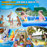 a collage of children playing in a pool with text: 'SUMMER FEAST FOR KIDS & ADULTS !!!! ENDLESS SUMMER FUN ANYWHERE YOU GO ! BEACH OUTDOORS SUMMER PARTY SWIMMING POOL BACKYARD'
