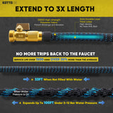 a hose with a hose connector with text: 'EXTEND TO 3X LENGTH 3300D High-strength 2mm Durable Layer Polyester Fabric Thick Latex Prevent Breakage and Abrasion High-density, No Twist, Kink, Bust NO MORE TRIPS BACK TO THE FAUCET SERVICE LIFE OVER 1500 USES OVER 30% MORE THAN THE AVERAGE 33FT When Not Filled With Water When Water Pressure Is On Expands Up To 100FT Under 3-12 Bar Water Pressure'