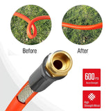 a close-up of a hose with text: 'Before After 600 PSI Burst Strength High Strength Wired'