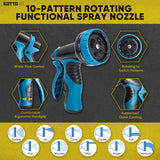 a blue and black spray nozzle with text: 'KOTTO 10-PATTERN ROTATING FUNCTIONAL SPRAY NOZZLE JET SOAKER Water Flow Control Rotating to Switch Patterns Comfortable Rubberized Ergonomic Handgrip Outer Coating Soaker Jet Cone Center Full Flat Shower Mist Angle Vertical'