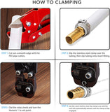 a collage of a diagram of a pipe clamping with text: 'HOW TO CLAMPING STEP 1: Cut out a smooth edge with the STEP 2: Slip the stainless steel clamp over the PEX pipe cutters. tubing, then slip tubing onto insert fitting STEP3 : Dial the rotary knob and turn the STEP 4: Use the cinch tool to close the clamp's ear and the Numeric 1 to red point. tool will automatically release until the clamp is fully engaged.'