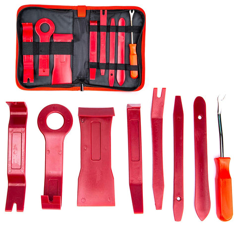 a red tool kit with a red case