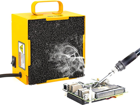 a yellow box with a soldering iron and a circuit board with text: 'O'
