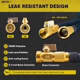 a close up of a hose with text: 'KOTTO LEAK RESISTANT DESIGN .... ON / OFF VALVE OFF ON 3300D Polyester Leak-proof Rubber Anti-rusting Punch 3/4 inch Brass Connector Brass Connector Tips Completely drain water from hose when not in use'