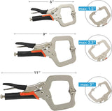 a group of metal clamps with black handles with text: 'max: 4 max: E 11" max:'