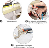 a collage of a hand holding a tool with text: '1 Clamp the wood 2 The Adjusting nail can be easily adjusted according to your needs. KOTTO 3 Meanwhile the quick release handle can save you a lot of energy.'