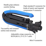 a blue and black tool with text: 'Handle grips enhance comfort feeling High-standard F-connector for kinds of metric and imperial compression F-connector Top-quality and compact carbon steel structure Adjustable crimp connector on RG59,RG11,75-5,75-7 cable Mini F-connector'