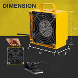 a yellow box with a fan and a black cord with text: 'CHINA Hong 5 XIA 20038A 1 Z S MP ROT Hong ---- DIMENSION'