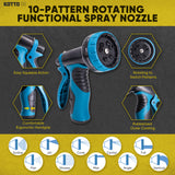 a blue and black spray nozzle with text: 'KOTTO . . . 10-PATTERN ROTATING FUNCTIONAL SPRAY NOZZLE CONE JET SOAKER ANGLE Easy Squeeze Action Rotating to Switch Patterns Comfortable Rubberized Ergonomic Handgrip Outer Coating ... Soaker Jet Cone Center Ful Flat Shower Mist Angle Vertica'