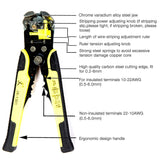 a wire stripper with black and yellow handles with text: 'Chrome vanadium alloy steel jaw Stripping power adjusting knob (if stripping slip,please tight; if stripping broken, please loose) Length of wire-striping adjustment ruler Ruler tension adjusting knob Strong steel springs to avoid excessive tension damage copper core High quality carbon steel cutting edge, fit for 0.2-6mm For insulated terminals 10-22AWG CUTTER WIRE (0.5-6.0mm) INSUL CRIMPER JX-1301 NON INSUL 12-10 4-6 22-14 0.5-2.5 AUTO Non-insulate