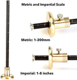 a measuring tool with a metal rod with text: 'Metric and Impertial Scale Metric: 1-200mm Imperial: 1-8 inches'