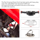 a close-up of a tool with text: 'This Pex Crimping Clamp Cinch tool also works with heavy duty rope clips, adjustable hose clamp for Car&Truck. As long as the length and width of the ear on the clamps are within the capacity. - 10mm A 13mm -- -- -- - -- -'