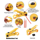 a yellow tool with instructions with text: 'Cutting Tangent screw It can be adjusted according to the thickness of the cable. The cutter head screw can be adjusted to control the Protect finger function penetration depth of the blade Hand ring design Very light and easy to strip line and work. Gently spin off the stripper Cutting 59 Multifunctional Tool Detachable'