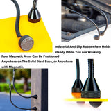 a collage of several metal objects with text: 'Industrial Anti Slip Rubber Feet Holds Steady While You Are Working Four Magnetic Arms Can Be Positioned Anywhere on The Solid Steel Base, or Anywhere with Magnetic.'