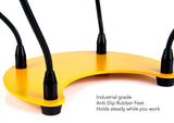 a yellow stand with black cords with text: 'Industrial grade Anti-Slip Rubber Feet Holds steady while you work'