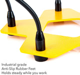 a yellow and black metal object with black hoses with text: 'Industrial grade Anti-Slip Rubber Feet Holds steady while you work'