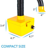 a yellow box with a black tube with text: '2" 4" 3.4" 4.7" 4.7" COMPACT SIZE'