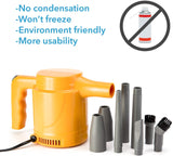 a yellow handheld vacuum cleaner with text: '-No condensation -Won't freeze -Environment friendly -More usability'