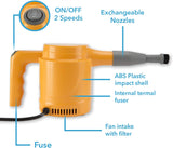 a close-up of a vacuum with text: 'ON/OFF 2 Speeds Exchangeable Nozzles ABS Plastic impact shell Internal termal fuser Fan intake with filter Fuse'
