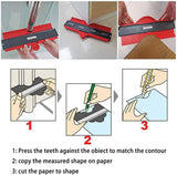 a collage of instructions and pictures of how to use a ruler with text: '3 2 1: Press the teeth against the obiect to match the contour 2: copy the measured shape on paper 3: cut the paper to shape'