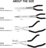 a different types of pliers with text: 'ABOUT THE SIZE 12in MAX OPEN JAW WIDTH: 0.8 4.2in 13in MAX OPEN JAW WIDTH: 1.5 " 6.1in = 12in MAX OPEN JAW WIDTH: 0.9 3.2in 1.4in 2.6in 12in MAX OPEN JAW WIDTH: 1.8 "'