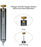 a close up of a tool with text: 'Plunger and the trigger button allow one-hand operation KOTTO SOLDER SUCKER Press Auto Pop-Up'