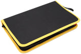 a black and yellow case with a zipper