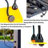 a collage of several images of a magnet with text: 'Industrial Anti Slip Rubber Feet Holds Steady While You Are Working Four Magnetic Arms Can Be Positioned Anywhere on The Solid Steel Base, or Anywhere with Magnetic.'