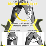 a close-up of a metal safety lock with text: 'Metal safety lock Prevent accidental injury Increase product life Close when not in use Open when in use'