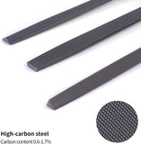 a close-up of a metal with text: 'High-carbon steel Carbon content 0.6-1.7%'