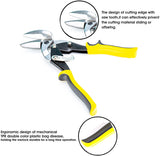 a yellow and black metal cutter with text: 'The design of cutting edge with saw tooth,it can effectively privent the cutting material sliding or offsetng. Ergonomic design of mechanical TPR double color plastic bag disease, holding the warlock durable for a long time operation.'