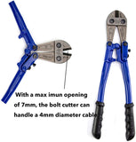 a pair of bolt cutters with text: 'With a max imun opening of 7mm, the bolt cutter can handle a 4mm diameter cable'