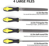 a row of files with yellow handles with text: '4 LARGE FILES 12.5in flat File For use with flat surface to creat a consistent finish 12.5in Triangular File For working on angles, grooves and corners 12.5in Half-round File Great for smoothing both flat and curved surfaces 12.5in Round File For removing material from inside surfaces'