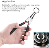 a hand holding a pair of pliers with text: 'Application: Suitable for installing and removing the snap spring, in the vehicle manufacturing and machinery industry for the fixed bearing for hole bearing.'
