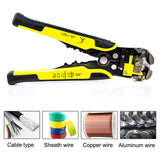 a yellow and black wire cutter with text: 'CUTTER WIRE Copper wire Aluminum wire JX-1301 INSUL CRIMPER 10-22 .5-6 NON INSUL 12-10 4-6 0.5-2.5 AUTO Sheath wire Cable type'