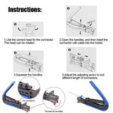 instructions for a wire cutter with text: 'Instructions: 2 1.Use the correct head for the connector. 2.Open the handles, and then insert the The head can be rotated. connector with cable into the holder. 4 3 3.Squeeze the handles. 4.Adjust the adjusting screw to suit different length of connectors. You can adjust it. The head can be rotated.'