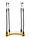 a yellow stand with black cords
