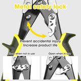 a close-up of a tool with text: 'Metal safety lock Prevent accidental injury Increase product life Close when not in use Open when in use'