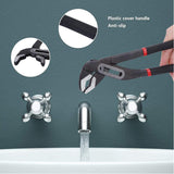 a hand holding a pliers over a faucet with text: 'Plastic cover handle Anti-slip'