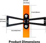 a measuring tool with black and orange ruler with text: '0.5 inch (12.7mm) 2 inch (50mm) 0.85 inch 1:6 1:5 (21.5mm) 1:8 1:10 2.6 inch(67mm) Product Dimensions'