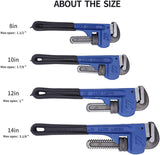 a group of blue and black adjustable wrenches with text: 'ABOUT THE SIZE 8in Max open: 1.1/2 HEAVY DUTY 10in Max open: 1.7/8 HEAVY DUTY 12in Max open: 2 " HEAVY DUTY 14in Max open: 3.1/8 HEAVY'