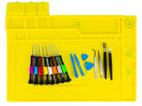 a yellow plastic toolbox with different tools on it