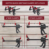 a group of black and red clamps with text: 'KOTTO QUICK-GRIP BAR CLAMPS SET-4-PACK 6"BAR CLAMPS 8"BAR CLAMPS 2 12" 15"'