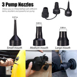 a collage of different types of air pumps with text: '3 Pump Nozzles Allows you to inflate/deflate with different items, excellent and powerful air pump 0.27 in 0.69 in 0.88 in Small mouth Medium mouth Large mouth'